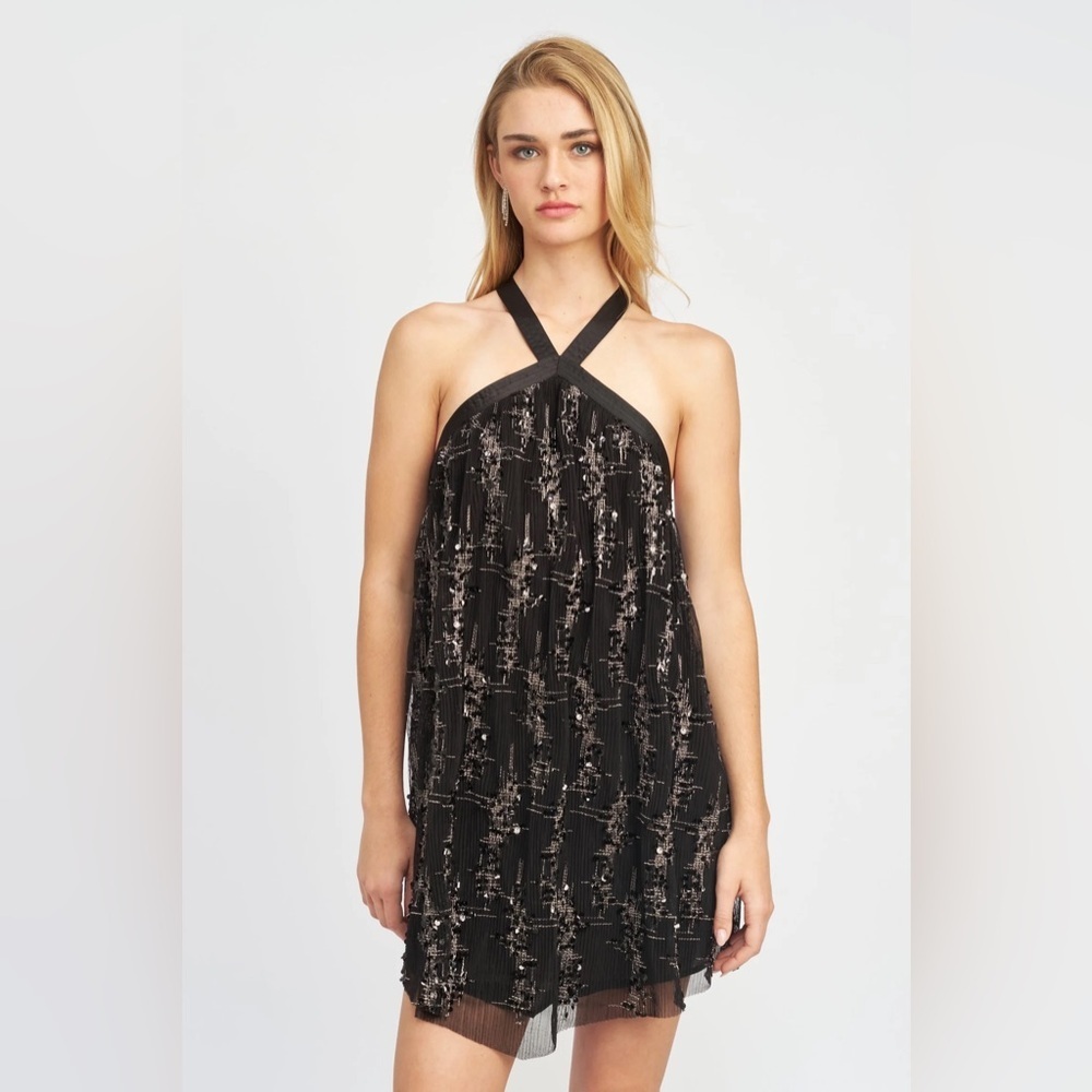En Saison NWT Sync Halter Neck Sequin Mini Dress in Black Size Small